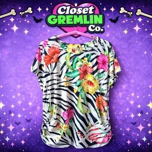 Vibrant Floral Zebra Print Short Sleeve Top